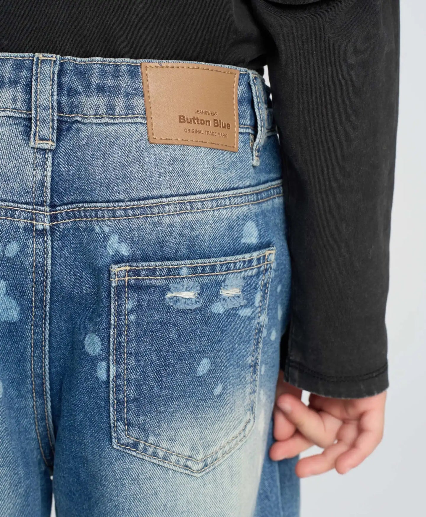 Blugi drepți pentru copii, albaștri, cu uzură, Button Blue