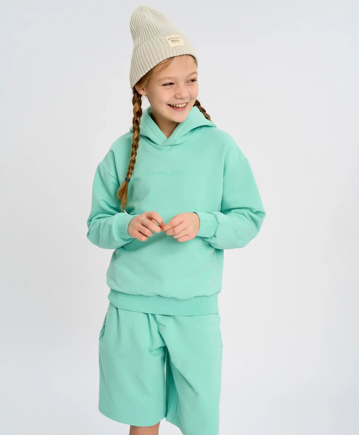 Hanorac de bază pentru copii cu glugă verde căptușit Button Blue