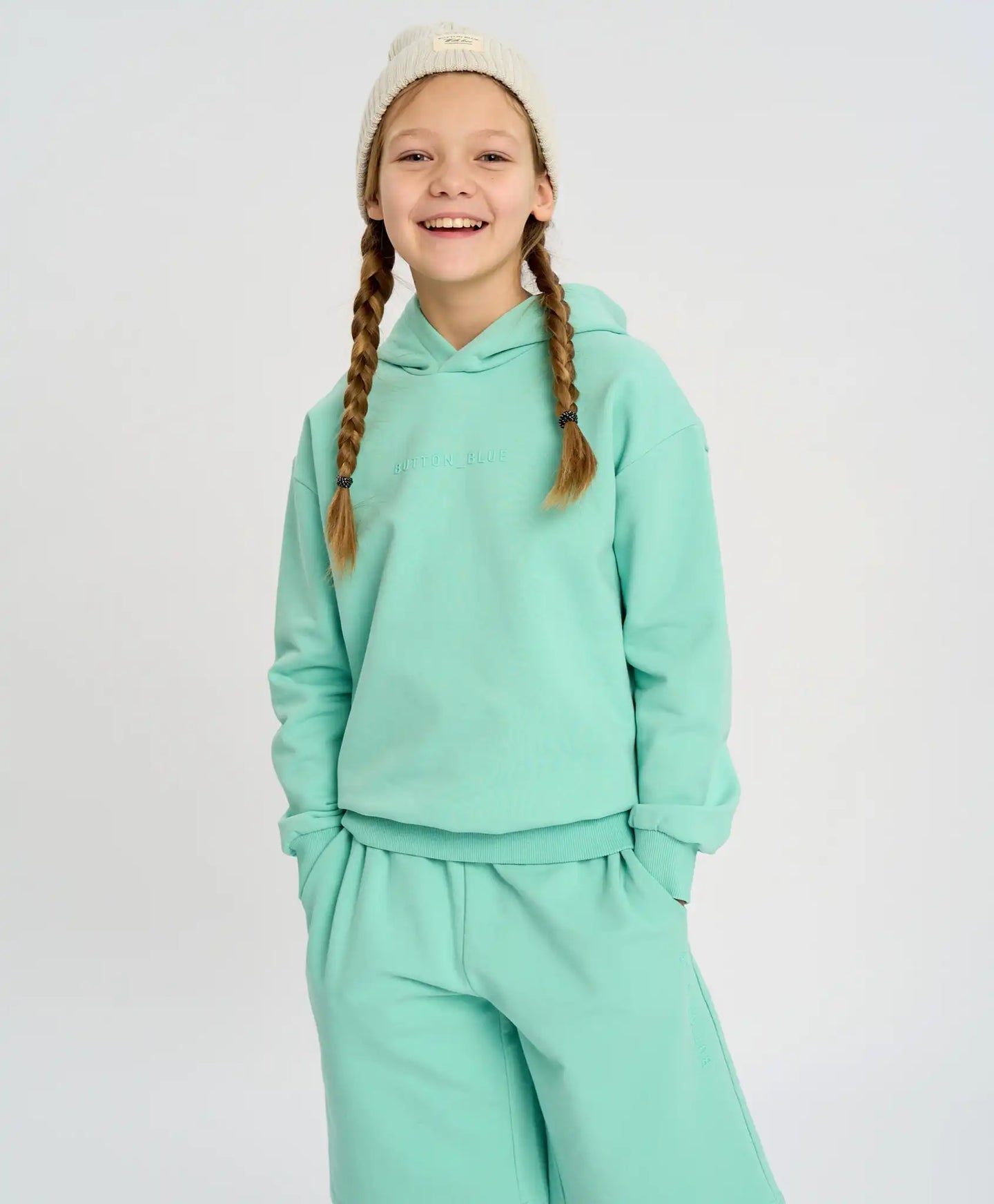 Hanorac de bază pentru copii cu glugă verde căptușit Button Blue