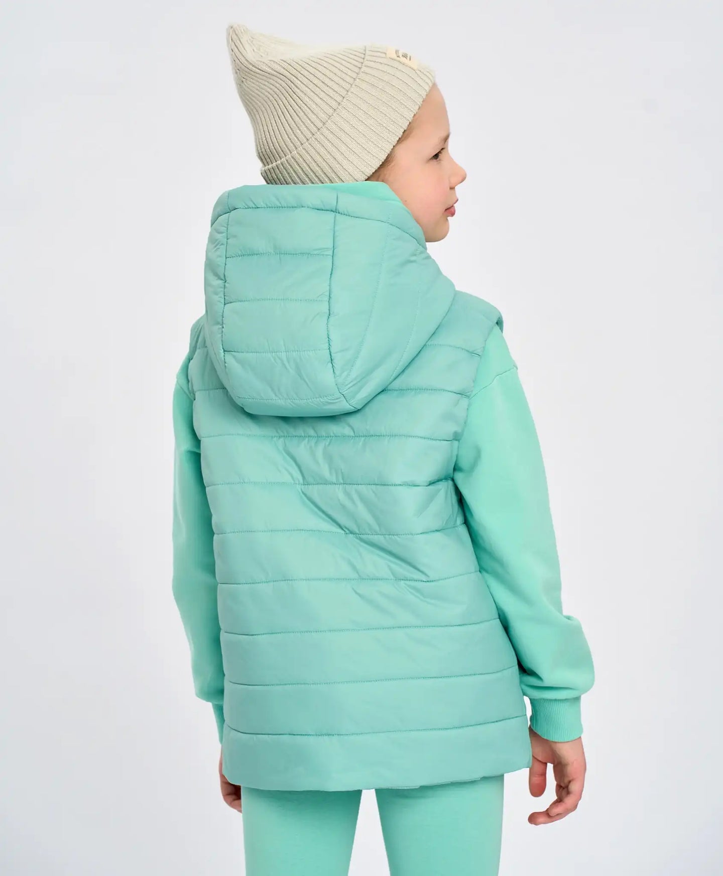 Vestă izolată, matlasată, verde, cu glugă, Button Blue