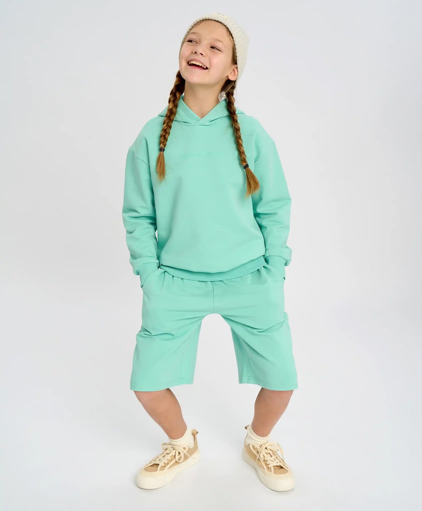 Pantaloni scurți drepți pentru copii, bazați, cu talie elastică, verzi, Button Blue