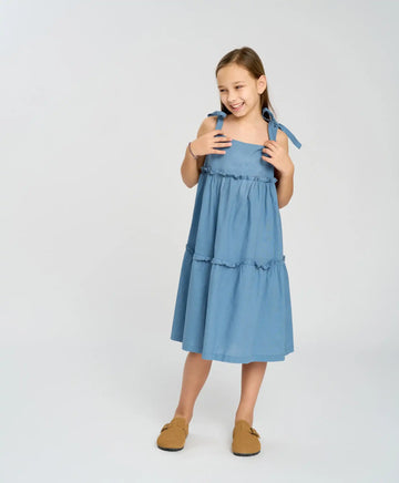 Sărafan cu bretele legate pentru fetiță, albastru, Button Blue.