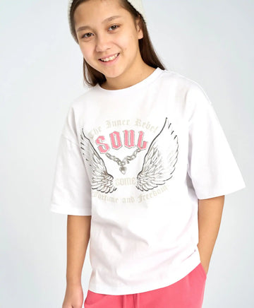 Tricou cu mânecă scurtă pentru fată, alb, oversize, cu imprimeu, Button Blue