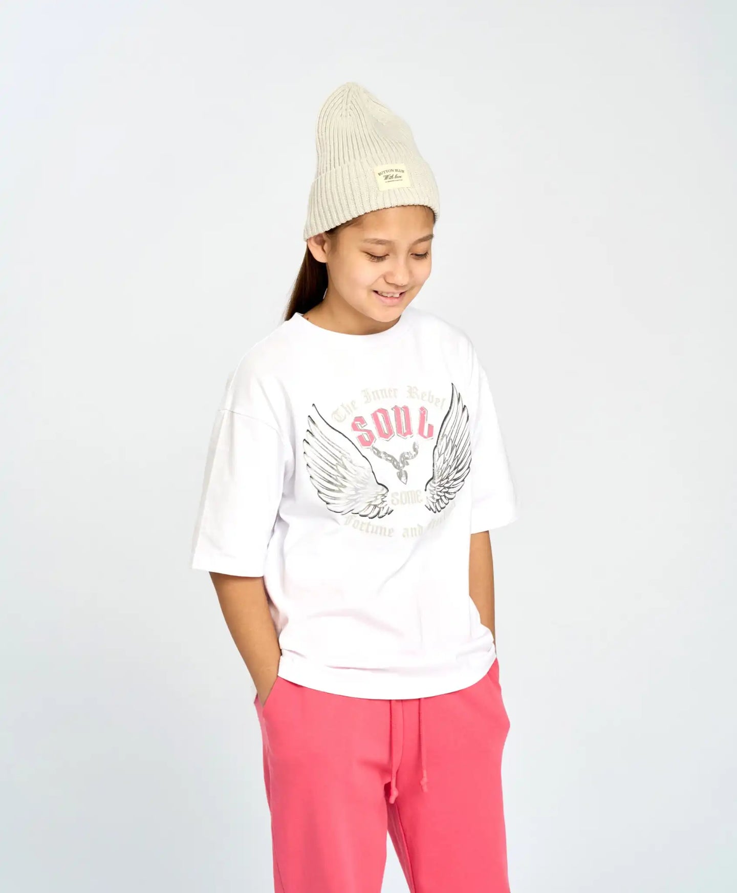 Tricou cu mânecă scurtă pentru fată, alb, oversize, cu imprimeu, Button Blue