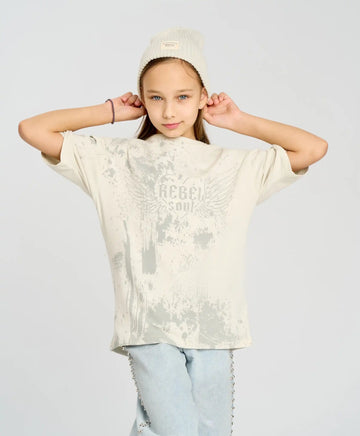 Tricou cu mânecă scurtă pentru fată, alb, oversize, cu imprimeu, Button Blue