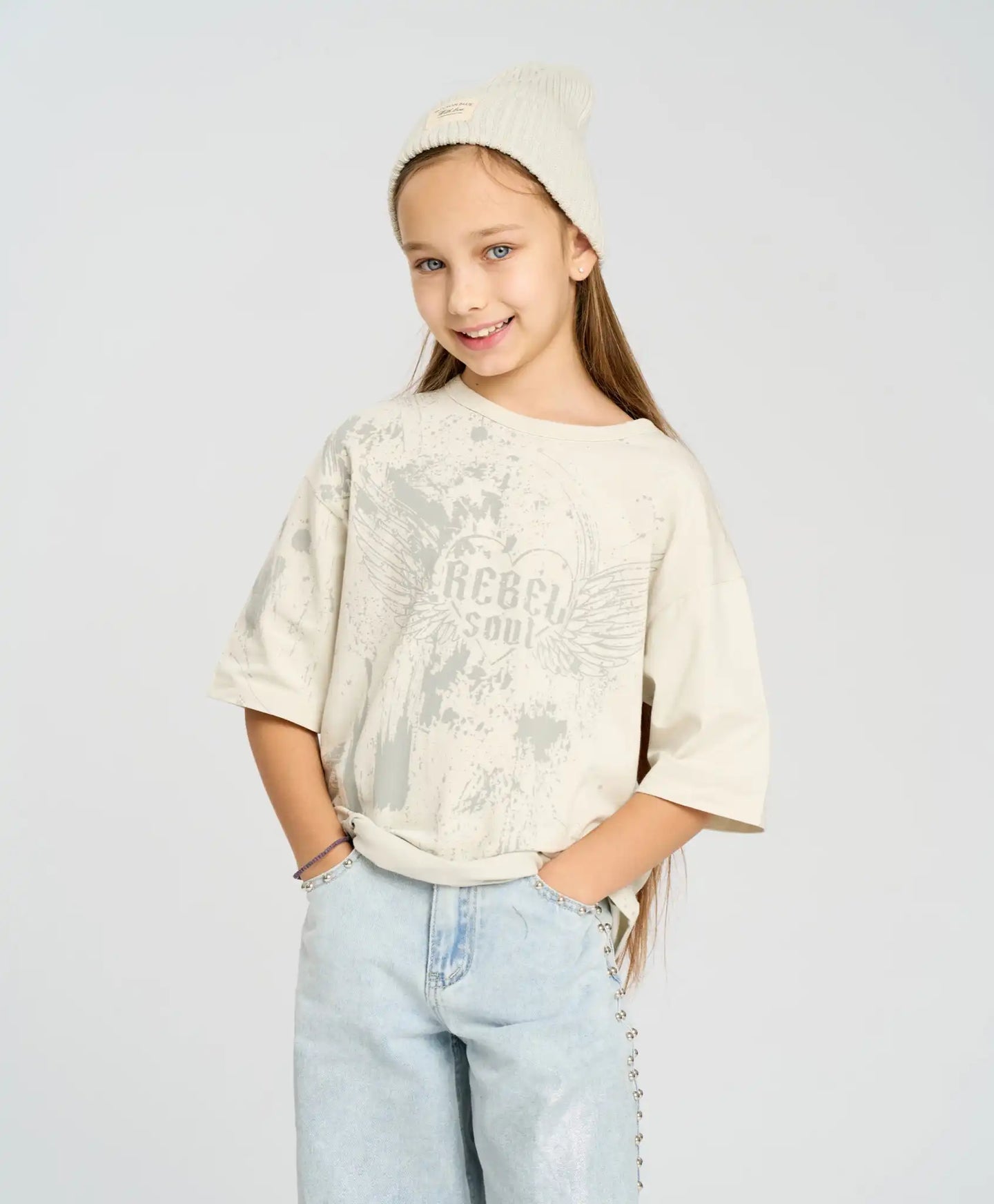 Tricou cu mânecă scurtă pentru fată, alb, oversize, cu imprimeu, Button Blue