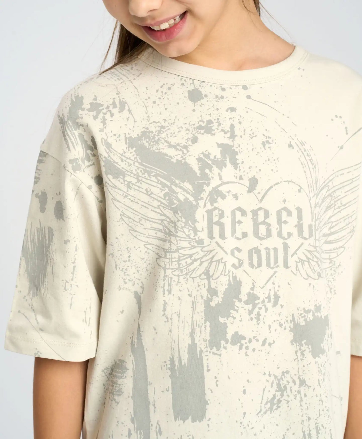 Tricou cu mânecă scurtă pentru fată, alb, oversize, cu imprimeu, Button Blue