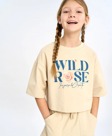 Crop-top tricou cu mânecă scurtă pentru fată, alb lăptos, cu imprimeu, Button Blue