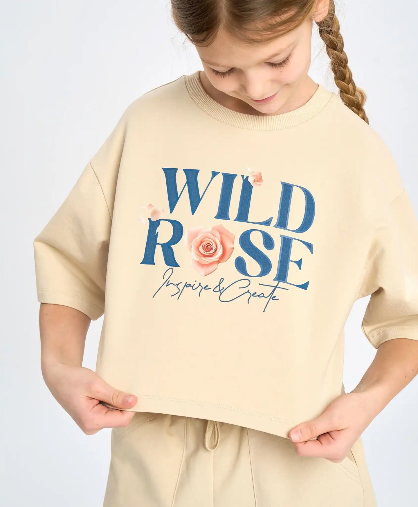 Crop-top tricou cu mânecă scurtă pentru fată, alb lăptos, cu imprimeu, Button Blue