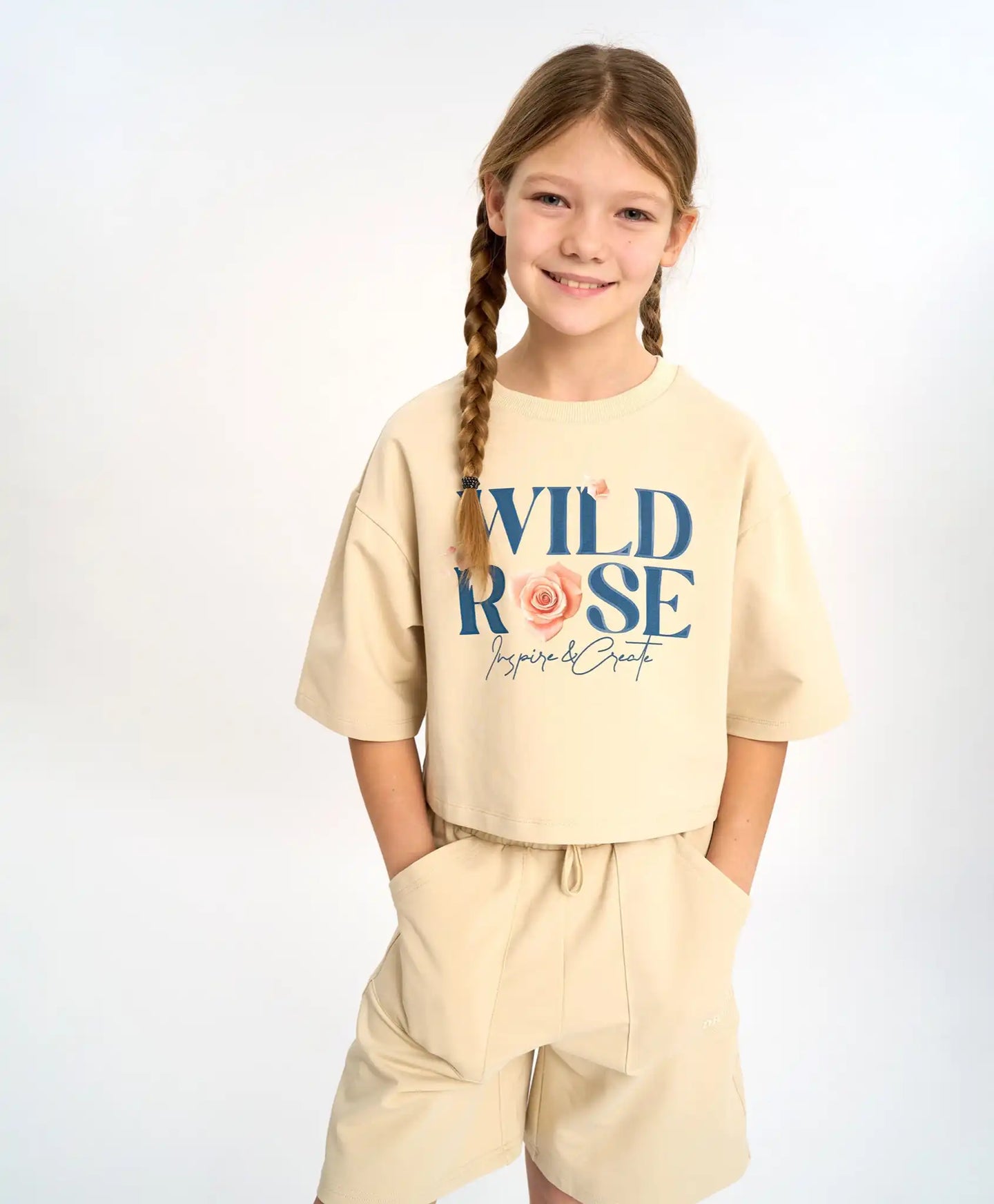 Crop-top tricou cu mânecă scurtă pentru fată, alb lăptos, cu imprimeu, Button Blue