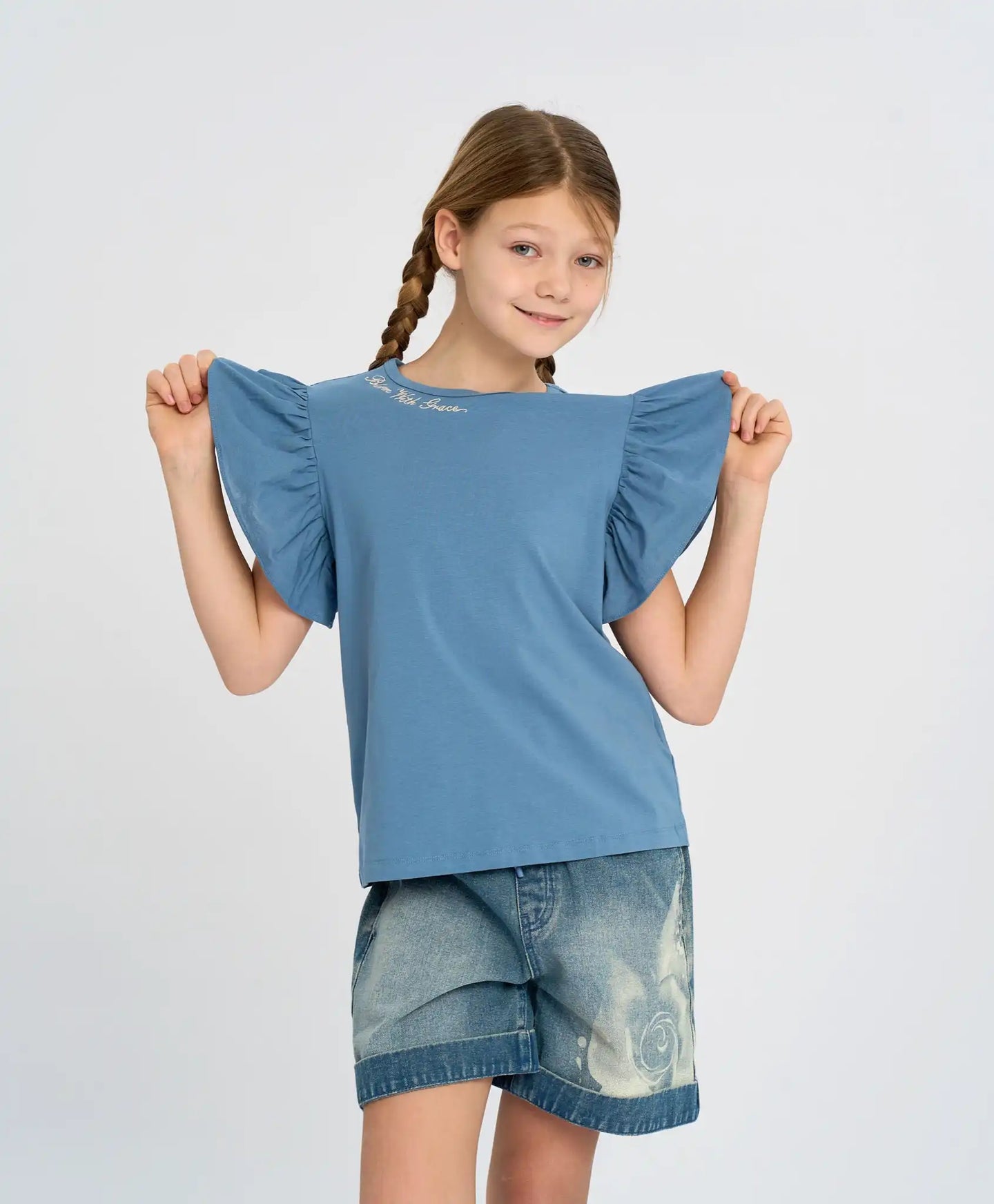 Tricou cu mâneci tip aripi pentru fată, albastru, Button Blue