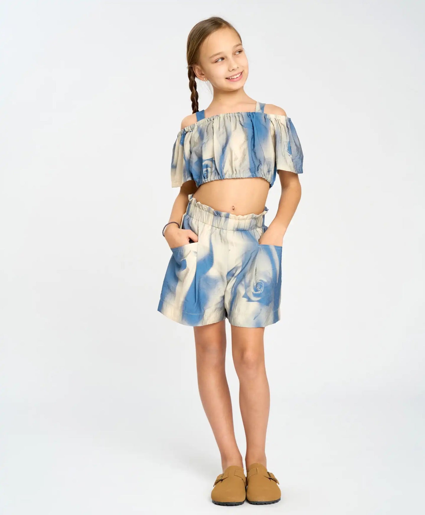 Top pentru fetiță cu bretele reglabil și mâneci drapate, multicolor, Button Blue