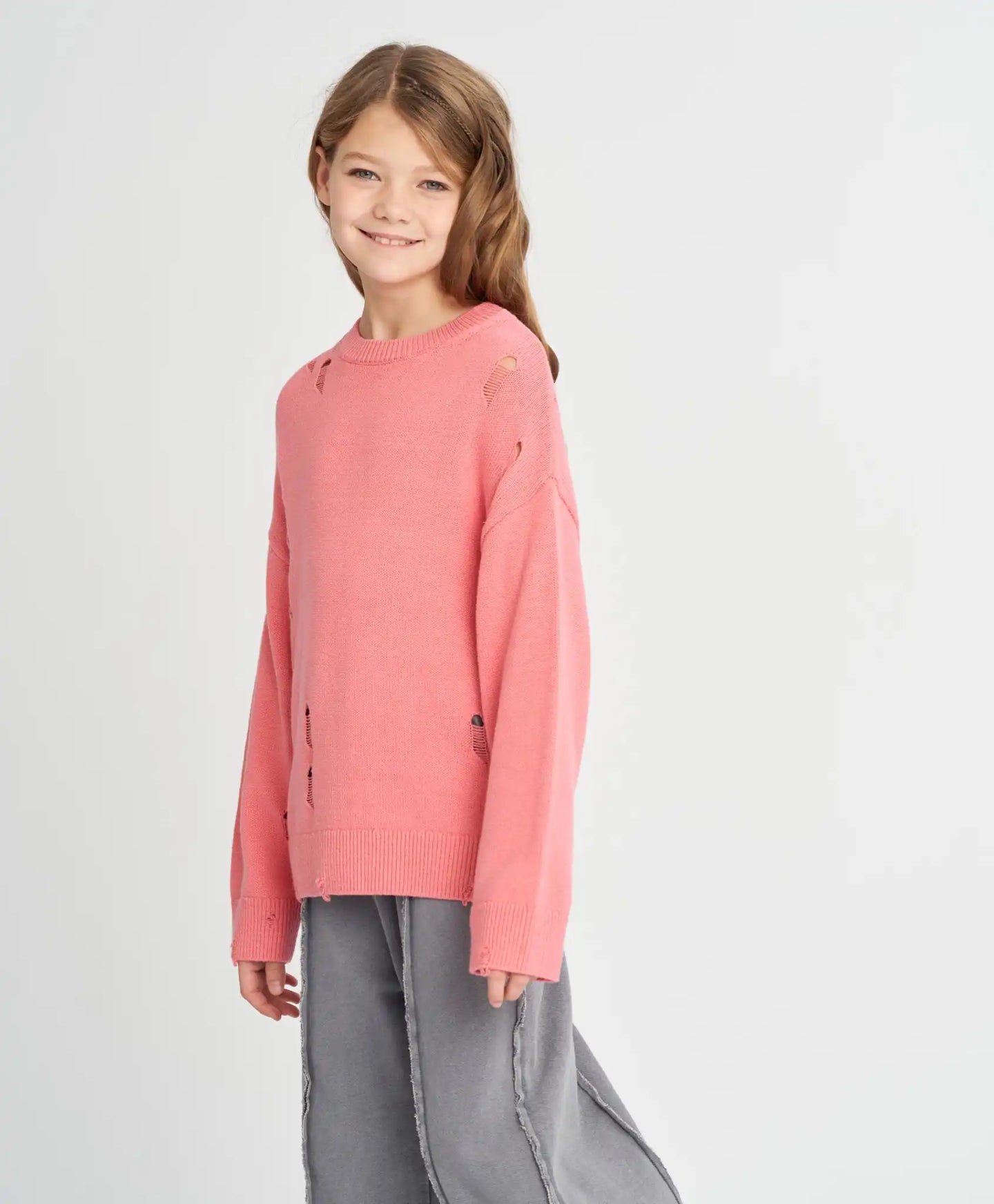 Pulover pentru fete corai cu efect de rupturi, oversized Button Blue