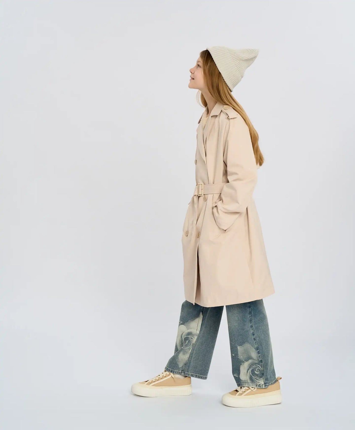 Trench pentru fete cu două rânduri de nasturi alb-crem Button Blue