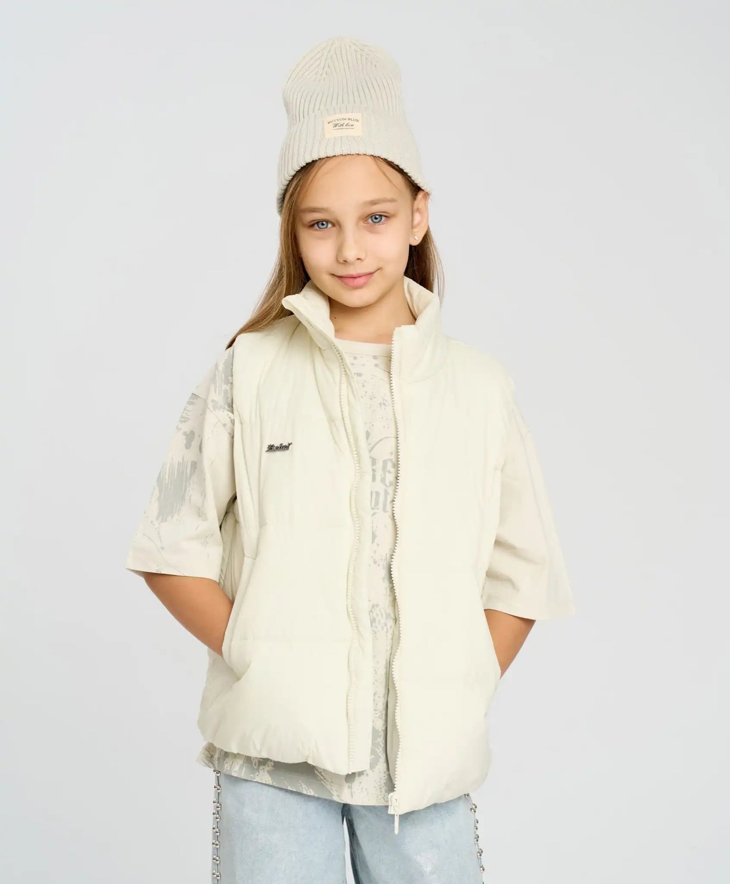 Vestă izolată pentru fată, albă, matlasată, Button Blue