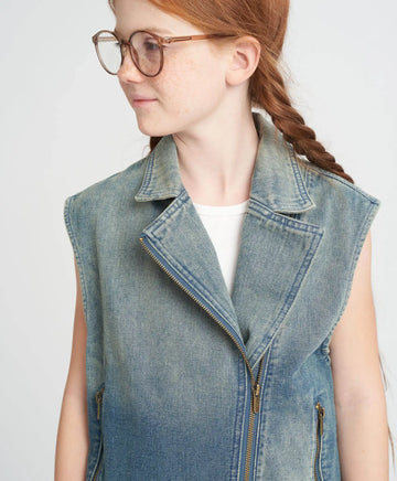 Vestă din denim cu fermoar pentru fată, cu trandafir albastru, Button Blue