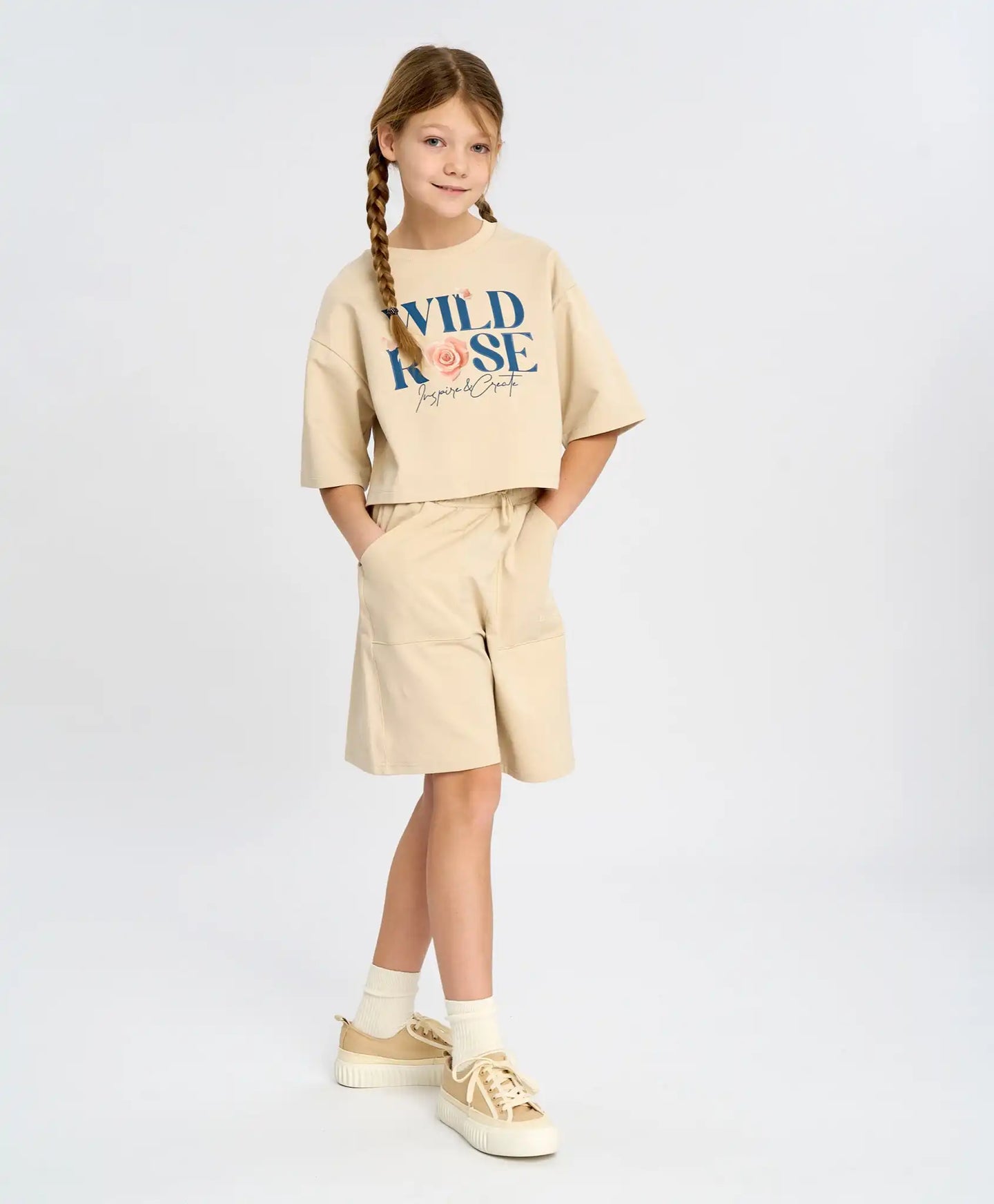 Bermude pentru fată, alb-lăptos, cu talie elastică și buzunare, Button Blue