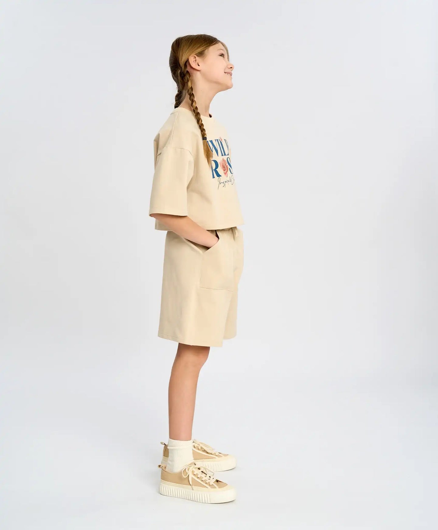 Bermude pentru fată, alb-lăptos, cu talie elastică și buzunare, Button Blue