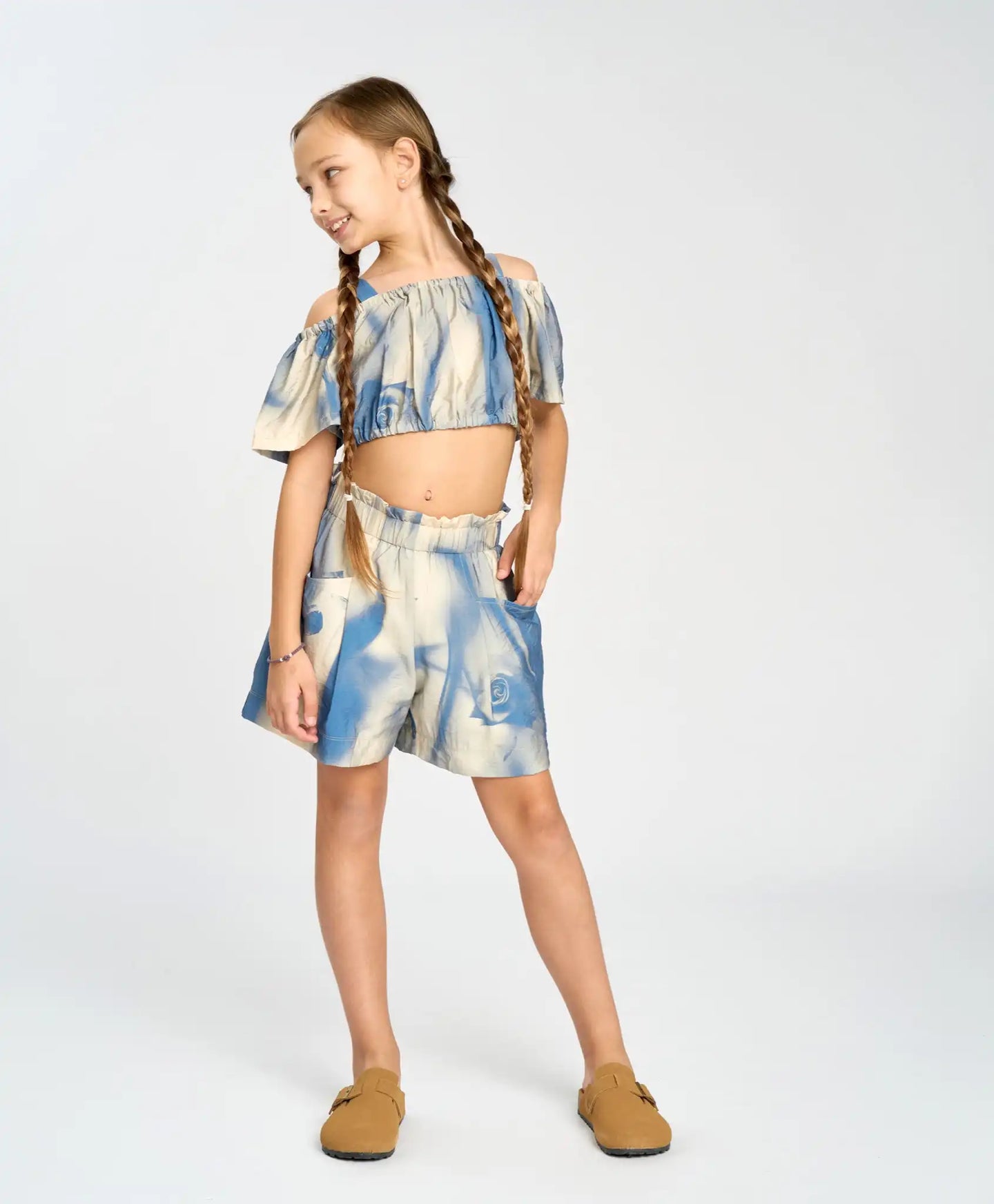 Pantaloni scurți evazați, cu imprimeu, pentru fată, cu talie elastică, multicolor, Button Blue