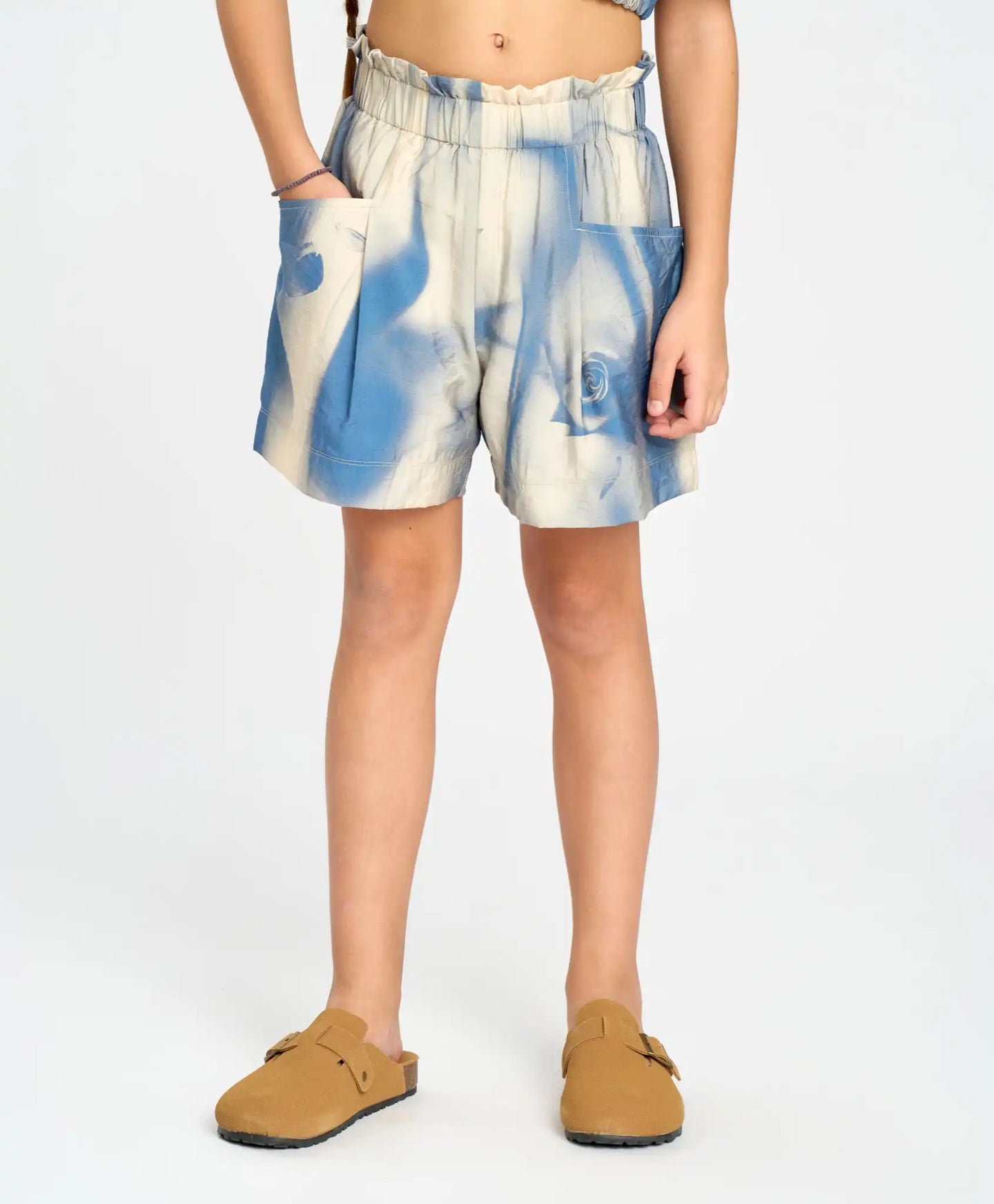 Pantaloni scurți evazați, cu imprimeu, pentru fată, cu talie elastică, multicolor, Button Blue