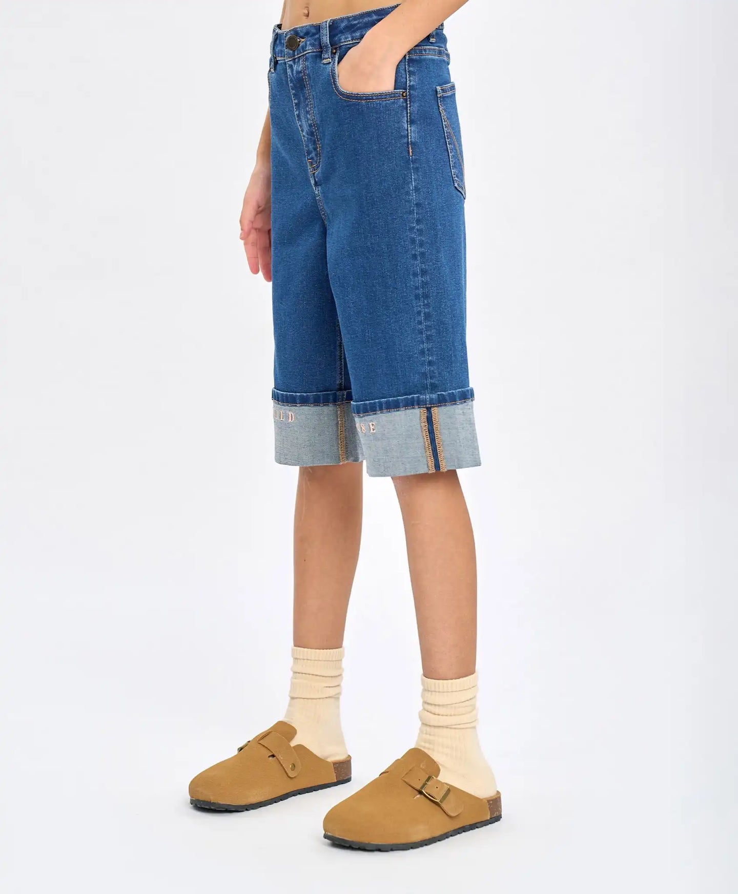 Pantaloni scurți din denim până la genunchi, albaștri, cu imprimeu, pentru fată, Button Blue