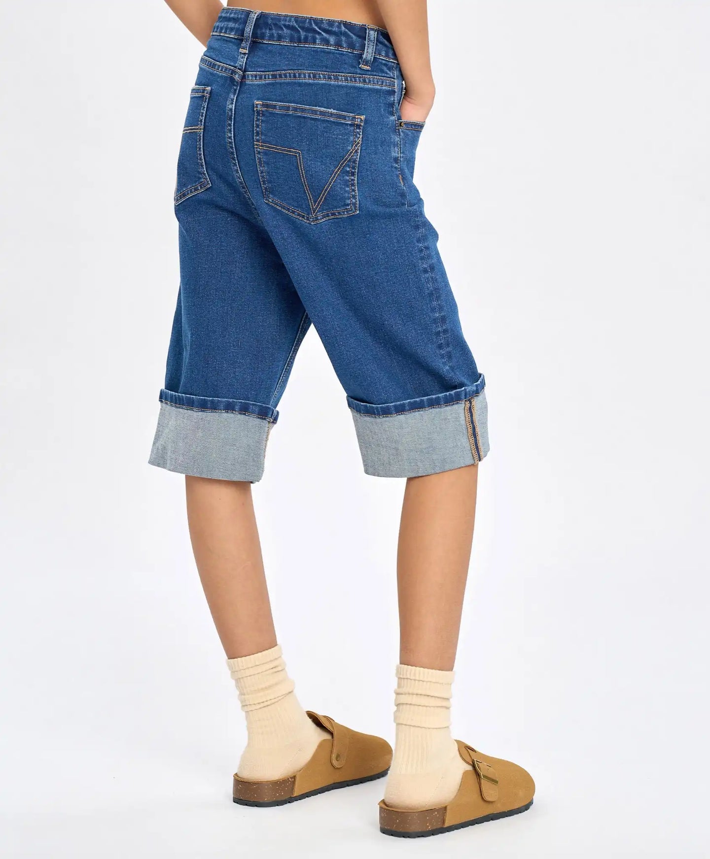 Pantaloni scurți din denim până la genunchi, albaștri, cu imprimeu, pentru fată, Button Blue