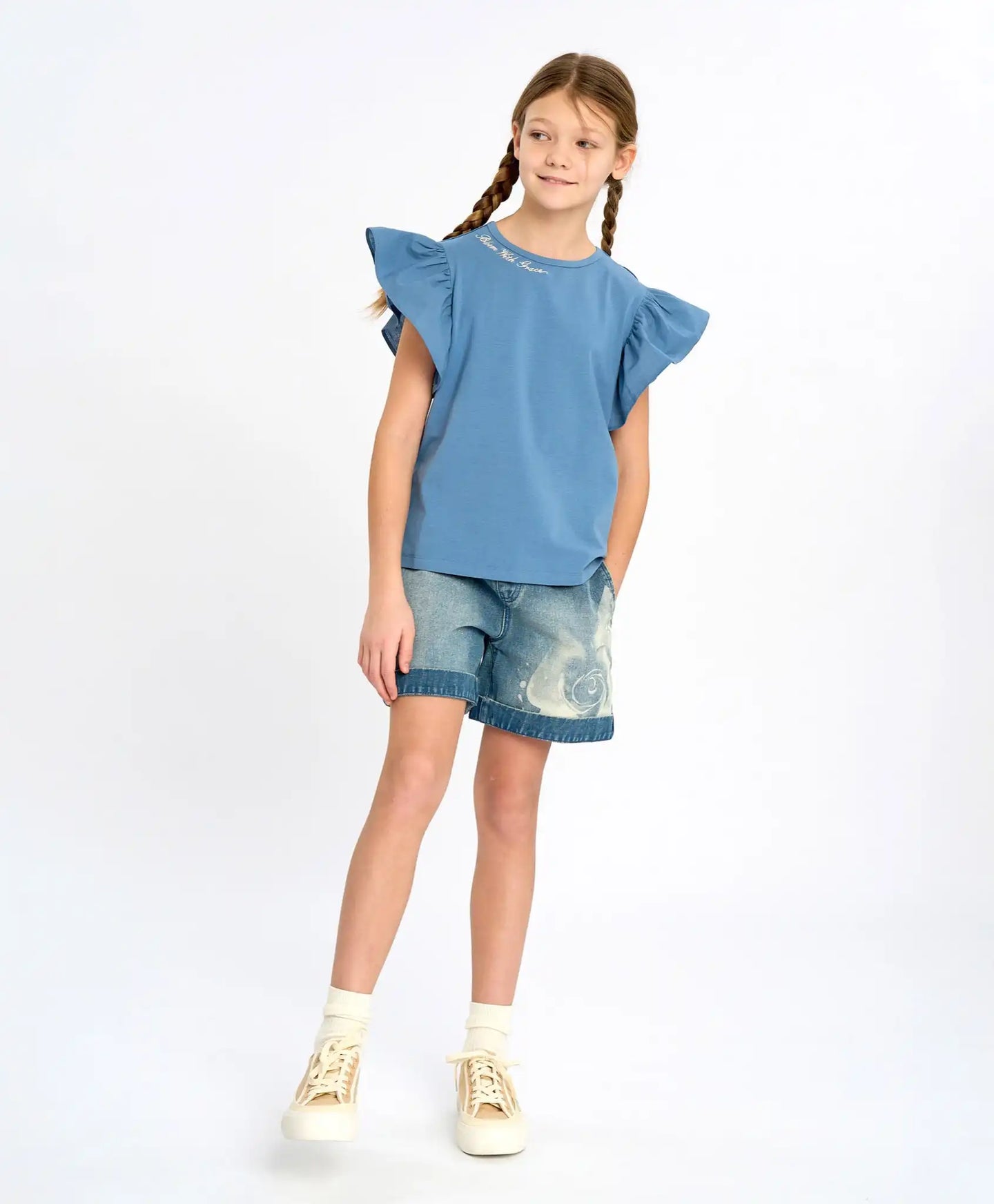 Pantaloni scurți din denim scurtați, albastru deschis, cu trandafir, pentru fată, Button Blue