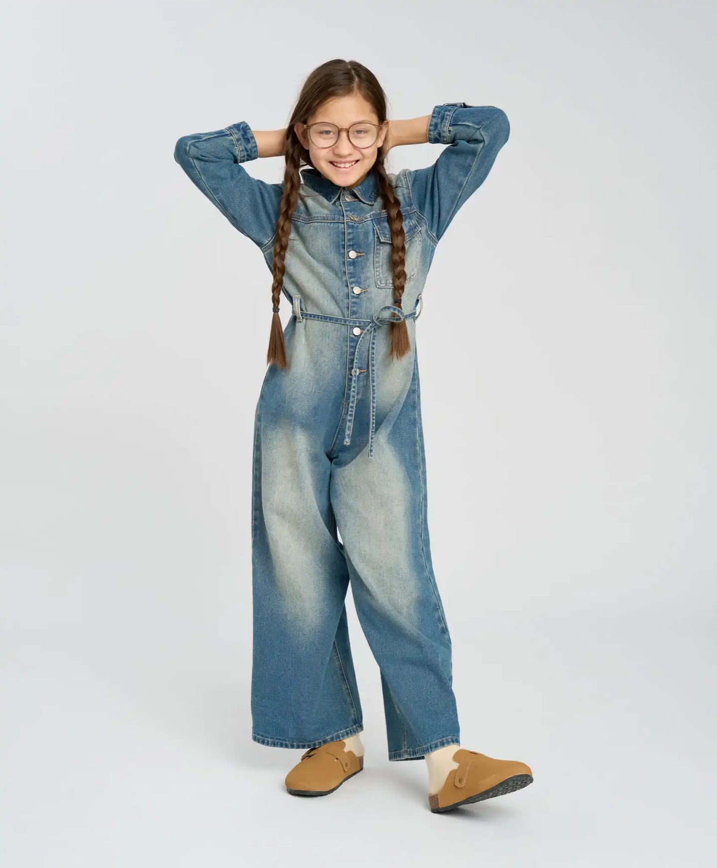 Salopetă cu nasturi pentru fetiță, albastru deschis, cu pantaloni largi, Button Blue