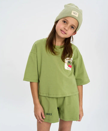 Crop-top tricou pentru fată, verde, oversize, cu imprimeu, Button Blue