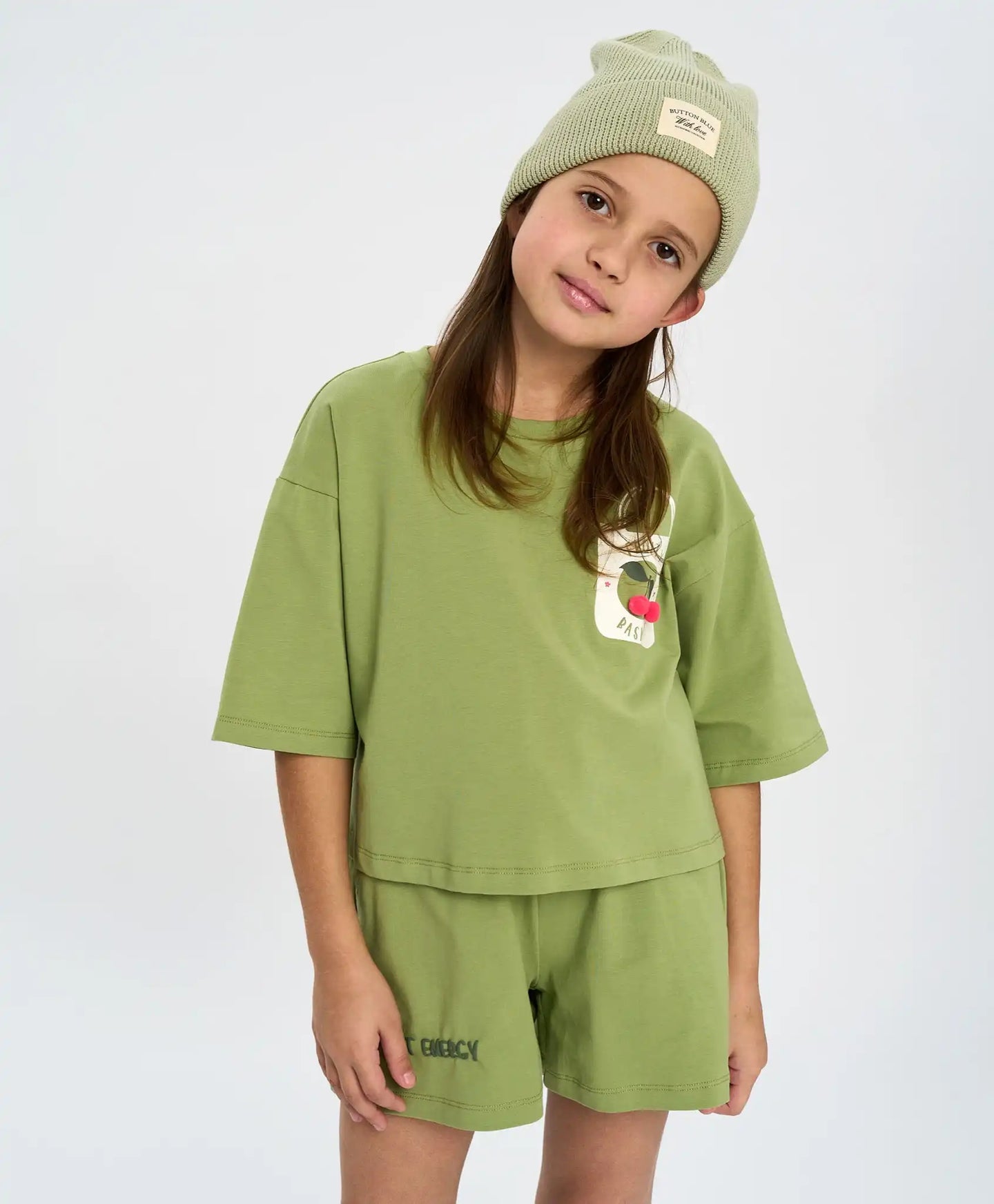 Crop-top tricou pentru fată, verde, oversize, cu imprimeu, Button Blue