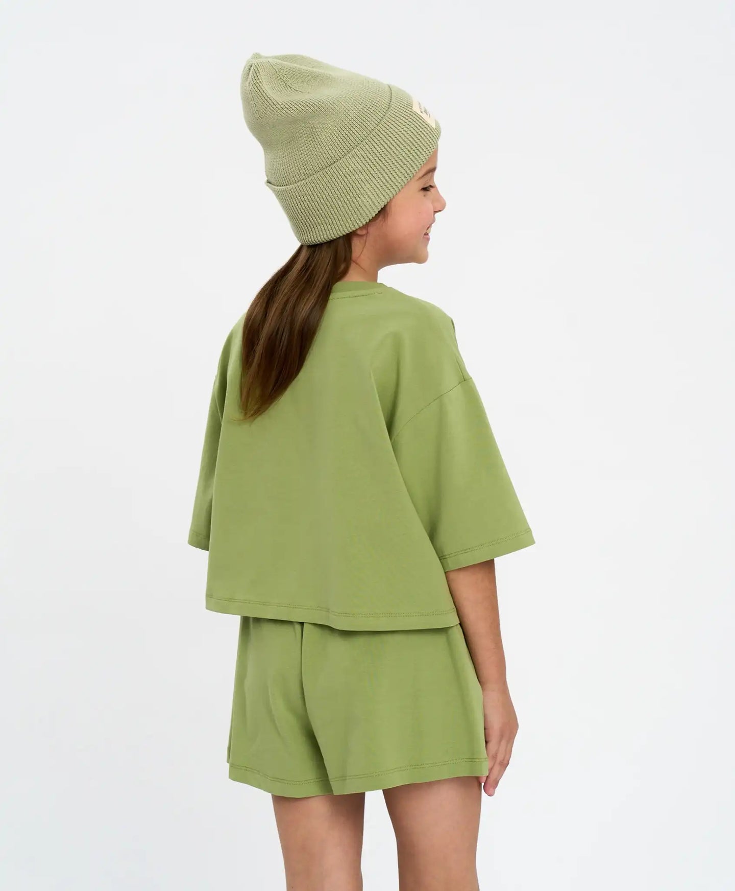 Crop-top tricou pentru fată, verde, oversize, cu imprimeu, Button Blue