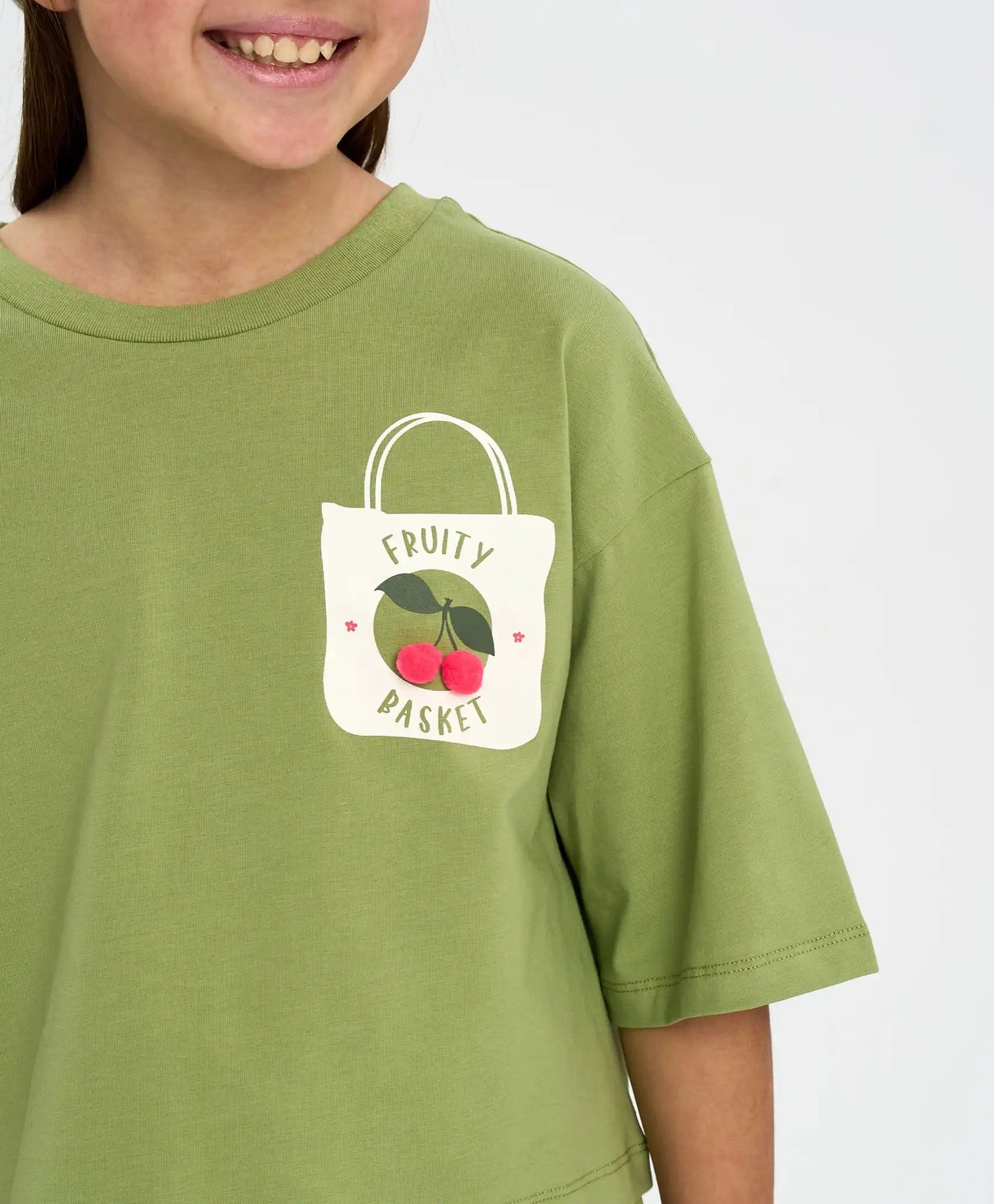 Crop-top tricou pentru fată, verde, oversize, cu imprimeu, Button Blue