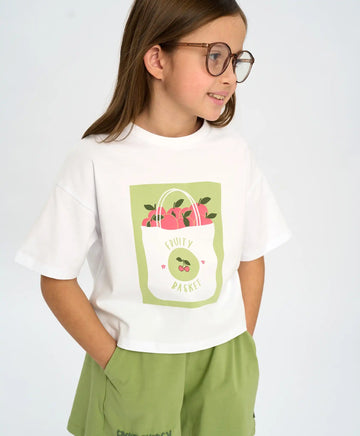 Tricou cu mânecă scurtă pentru fată, alb, oversize, cu imprimeu, Button Blue