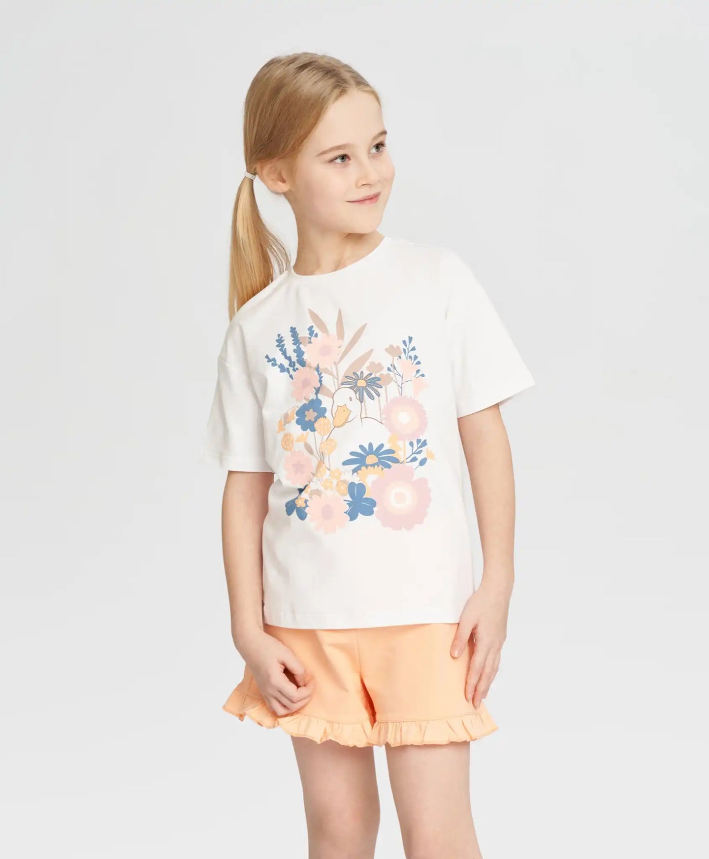 Tricou pentru fată, alb, cu mânecă scurtă și imprimeu, Button Blue