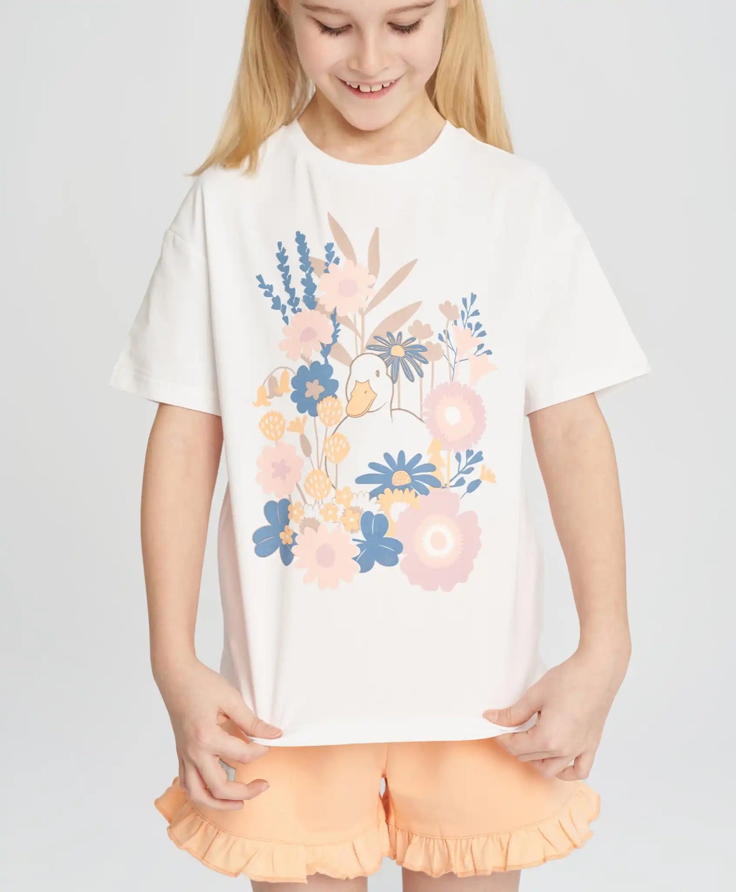 Tricou pentru fată, alb, cu mânecă scurtă și imprimeu, Button Blue