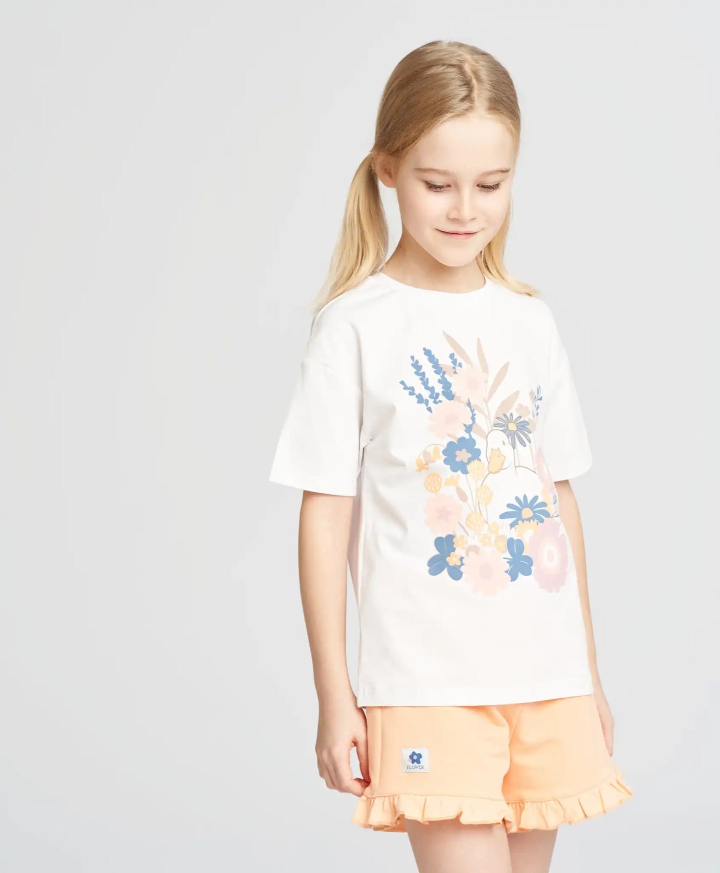 Tricou pentru fată, alb, cu mânecă scurtă și imprimeu, Button Blue