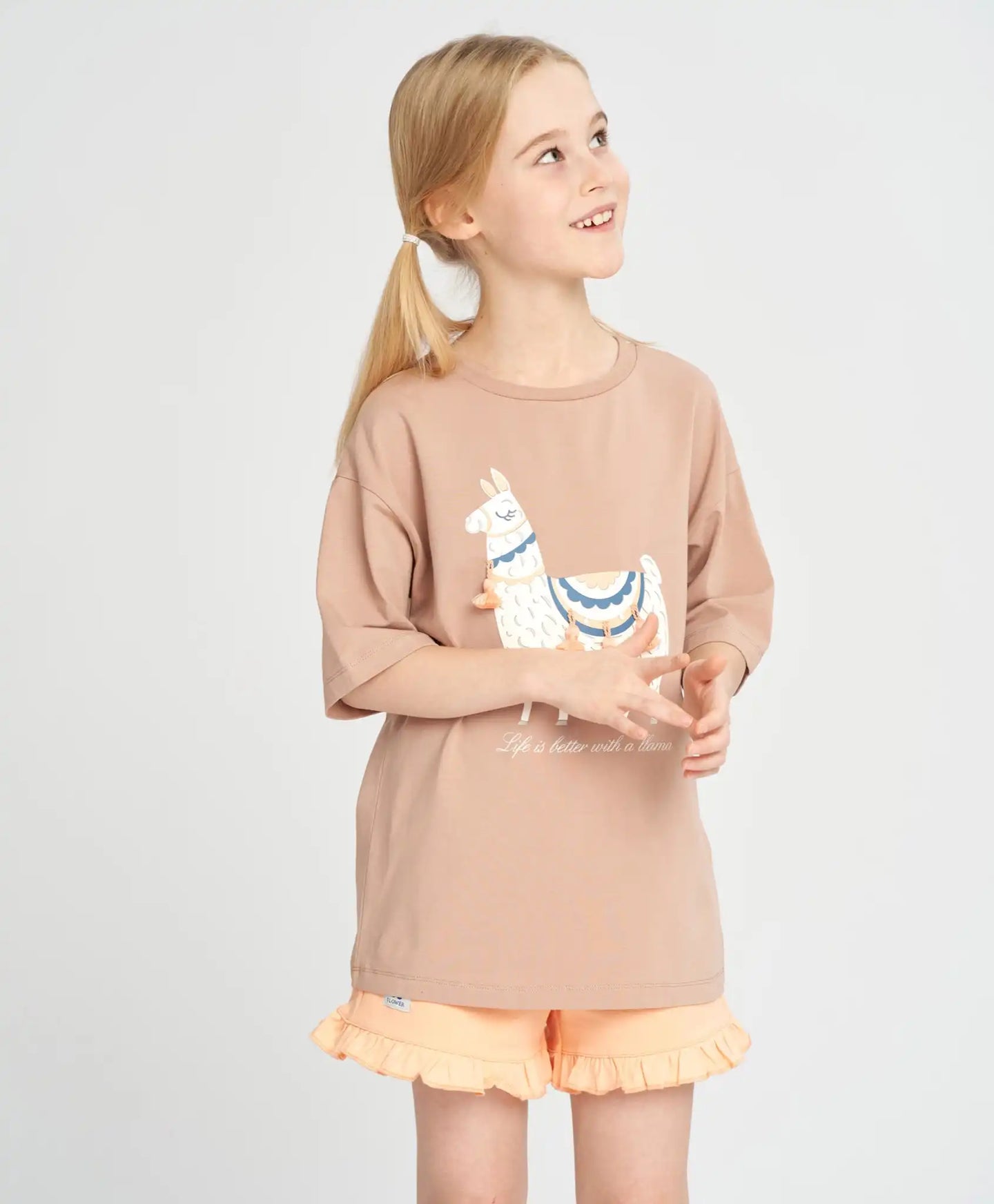 Tricou pentru fată, bej, cu mânecă scurtă și imprimeu cu lamă, Button Blue