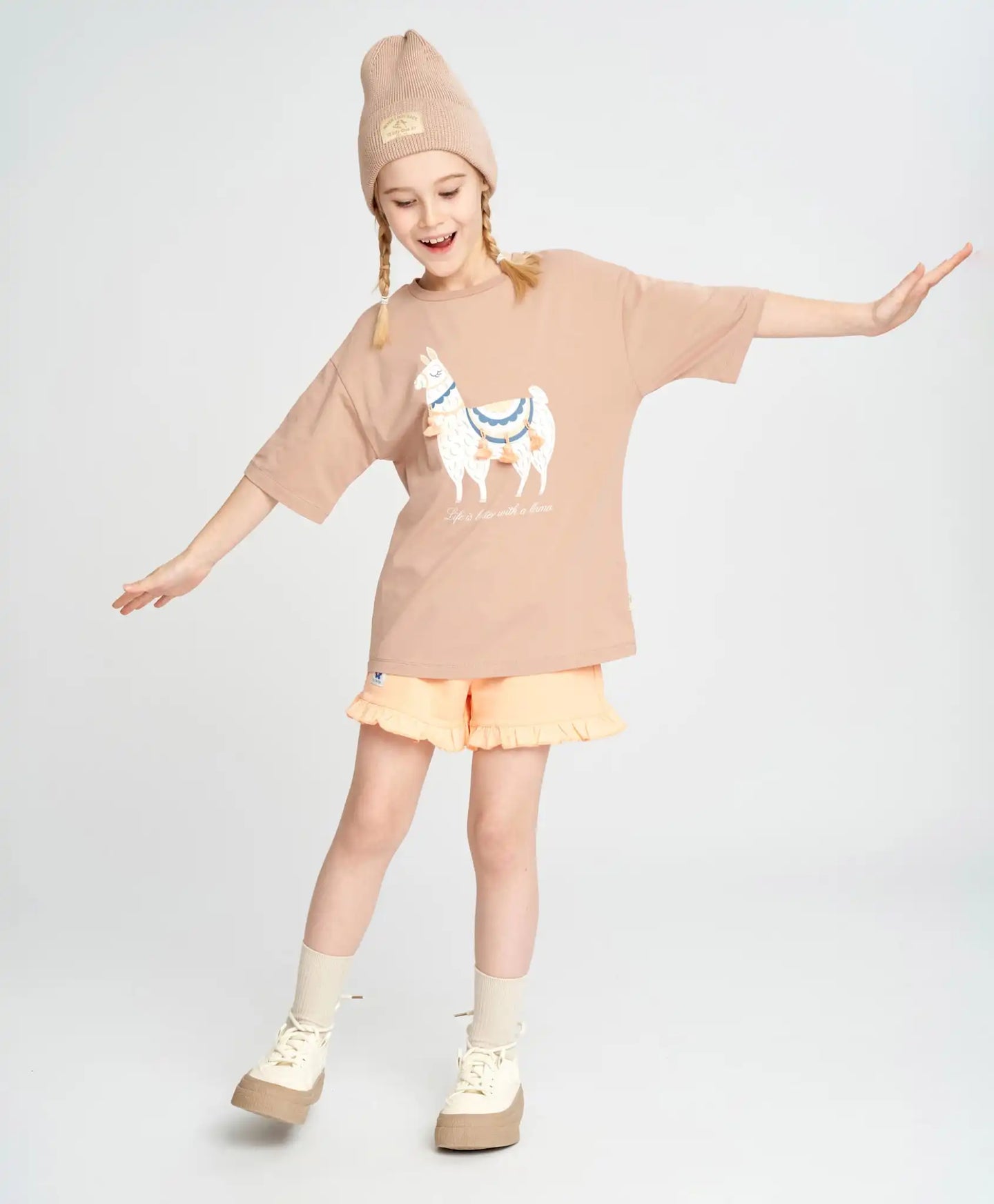 Tricou pentru fată, bej, cu mânecă scurtă și imprimeu cu lamă, Button Blue