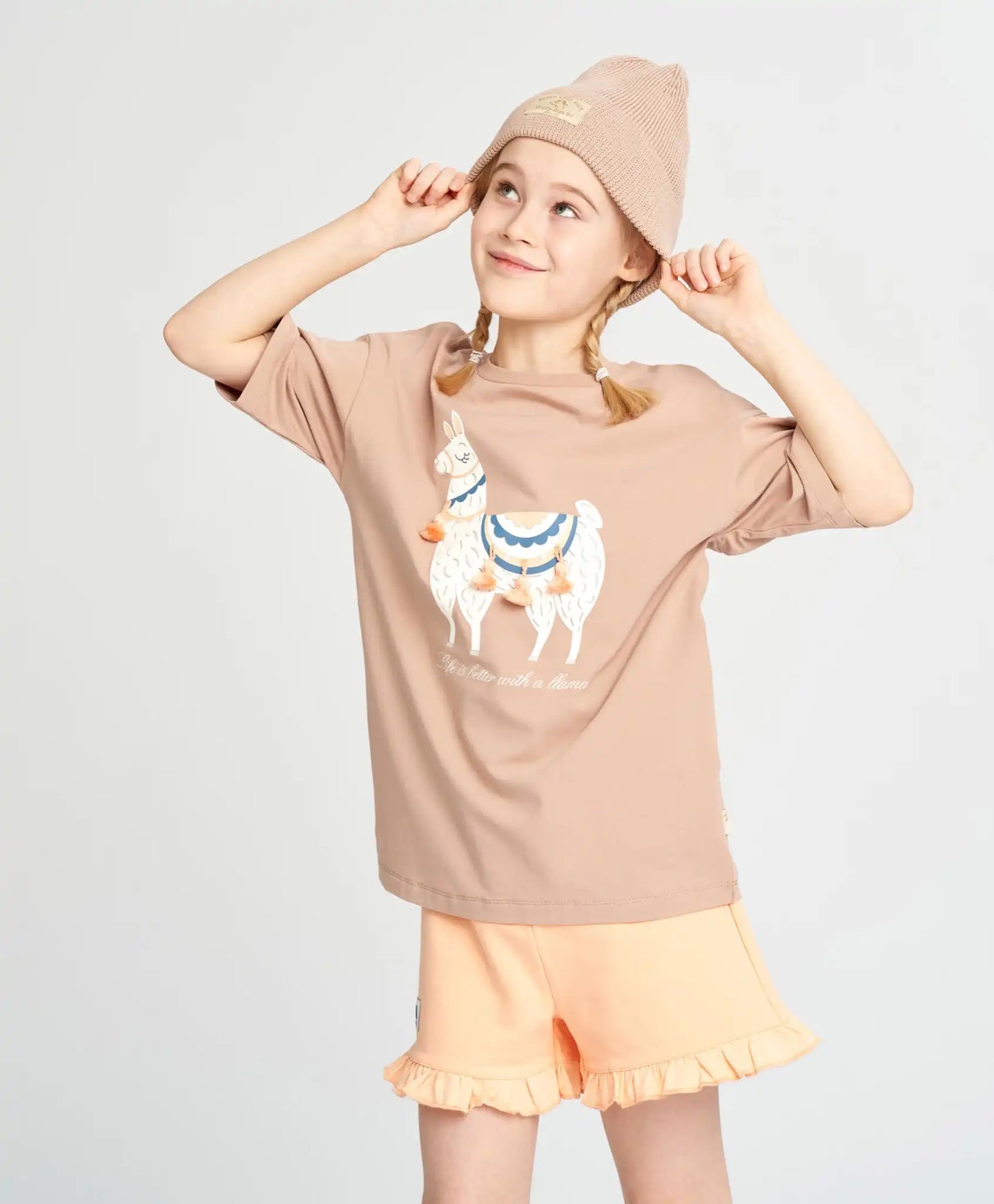 Tricou pentru fată, bej, cu mânecă scurtă și imprimeu cu lamă, Button Blue