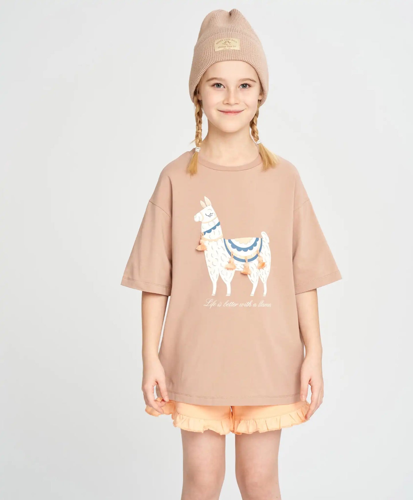 Tricou pentru fată, bej, cu mânecă scurtă și imprimeu cu lamă, Button Blue