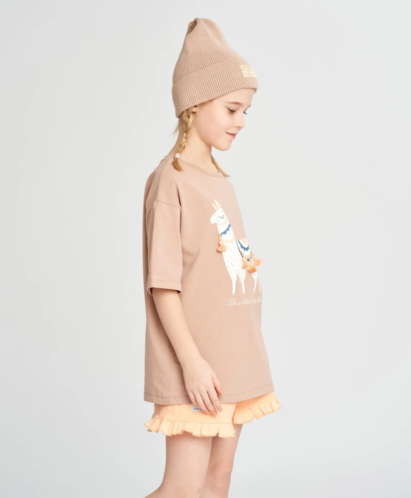 Tricou pentru fată, bej, cu mânecă scurtă și imprimeu cu lamă, Button Blue