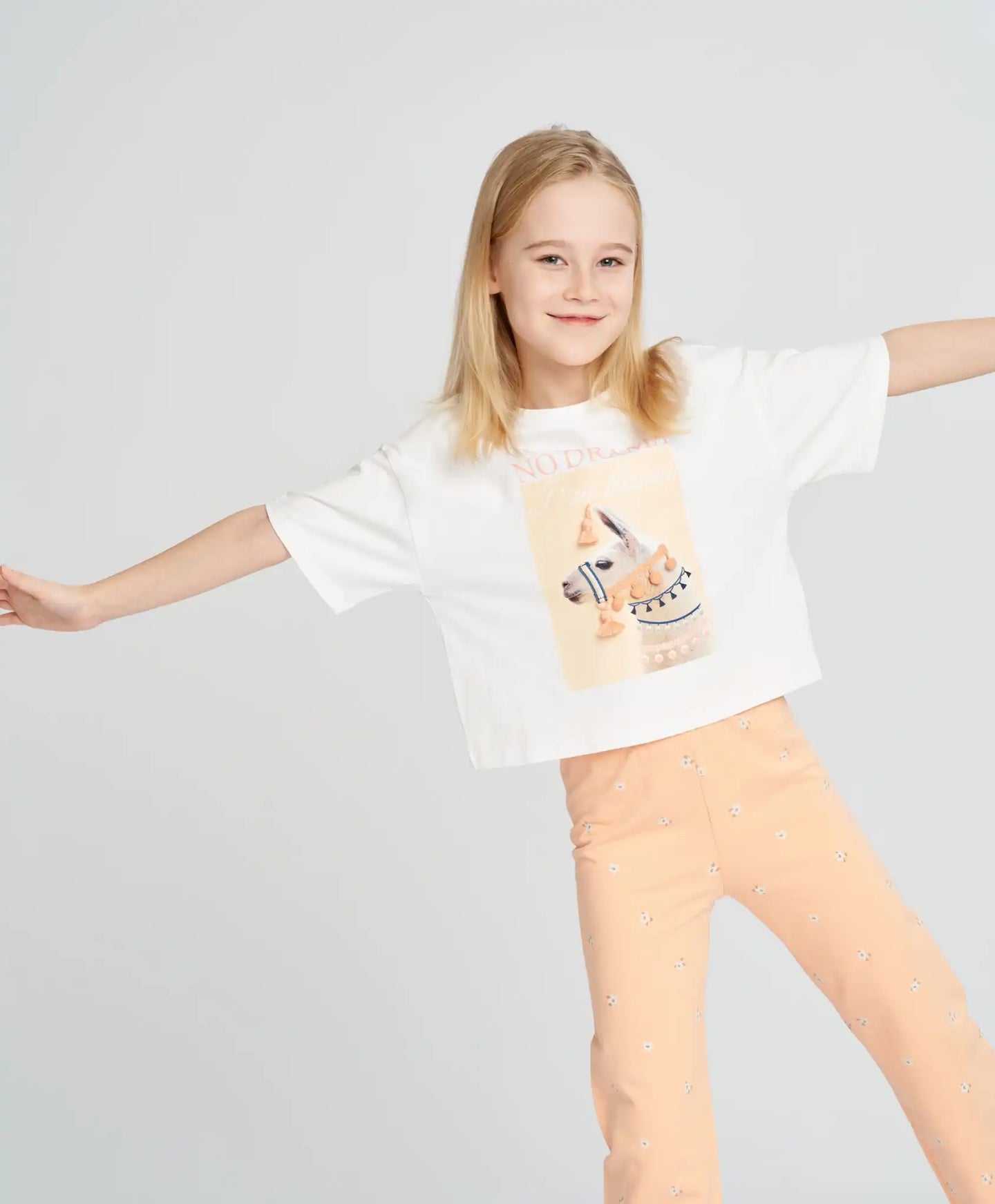 Crop-top tricou pentru fată, alb, cu mânecă scurtă și imprimeu, Button Blue