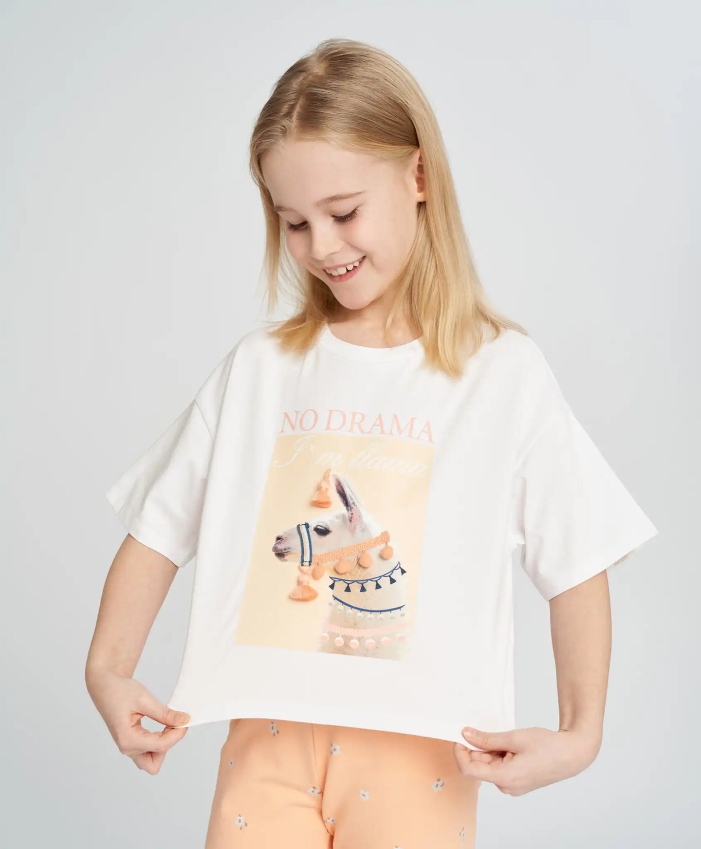 Crop-top tricou pentru fată, alb, cu mânecă scurtă și imprimeu, Button Blue