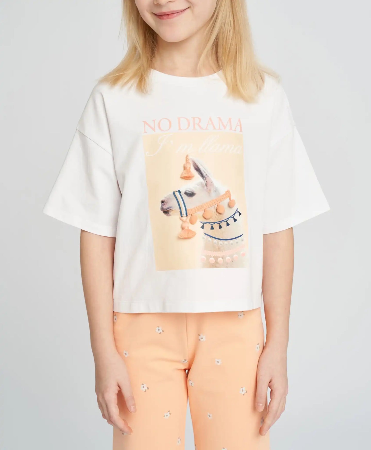 Crop-top tricou pentru fată, alb, cu mânecă scurtă și imprimeu, Button Blue