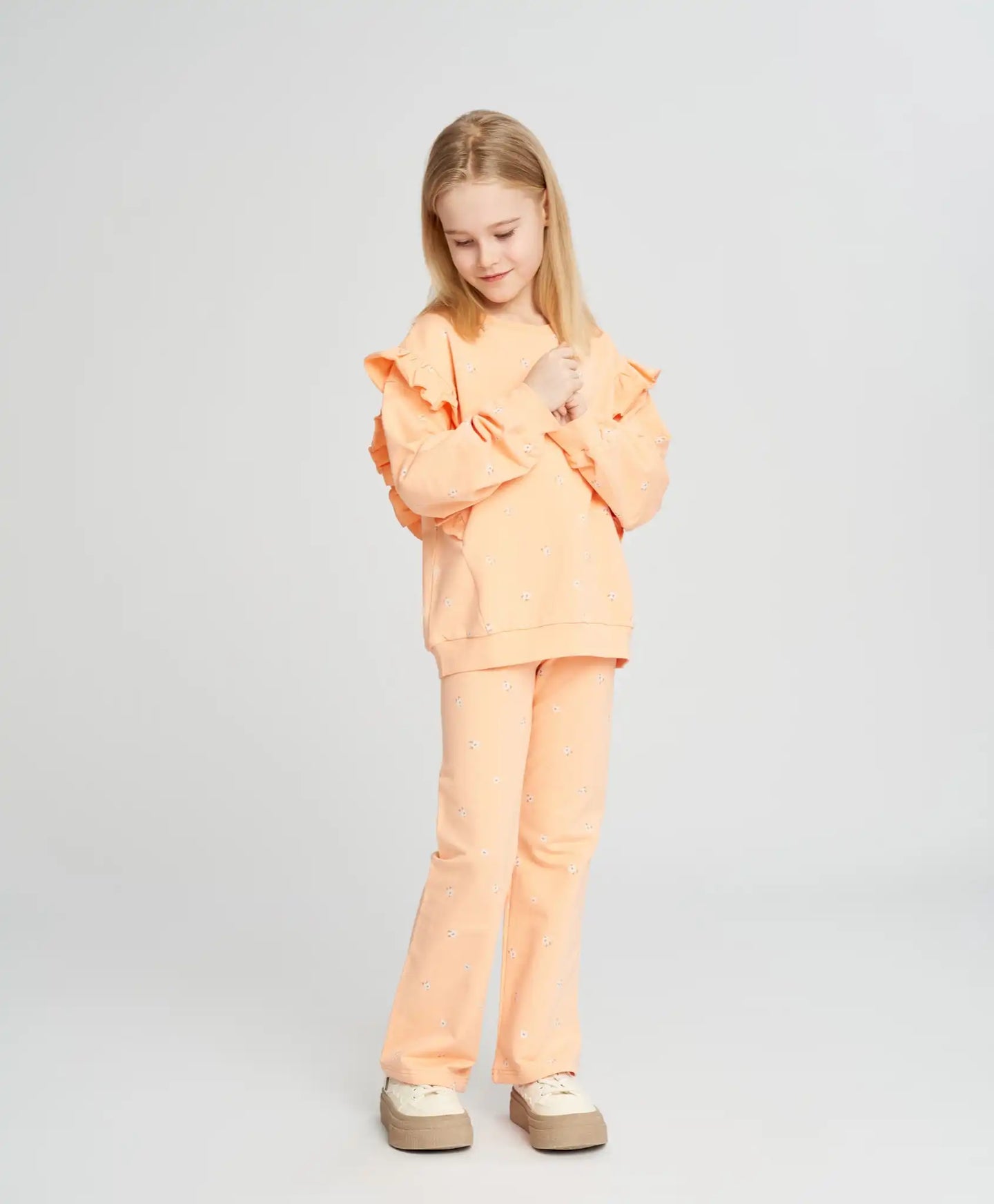 Hanorac pentru fete oversized portocaliu cu volane și imprimeu Button Blue