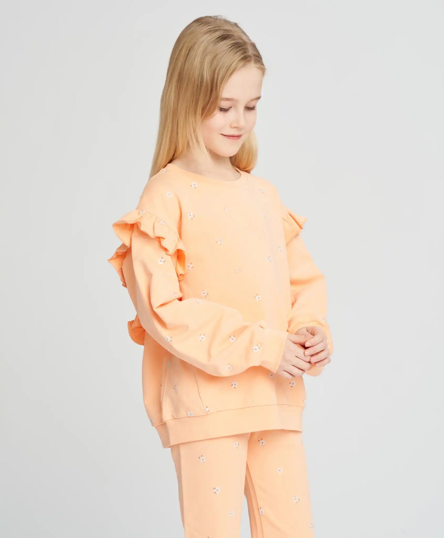 Hanorac pentru fete oversized portocaliu cu volane și imprimeu Button Blue