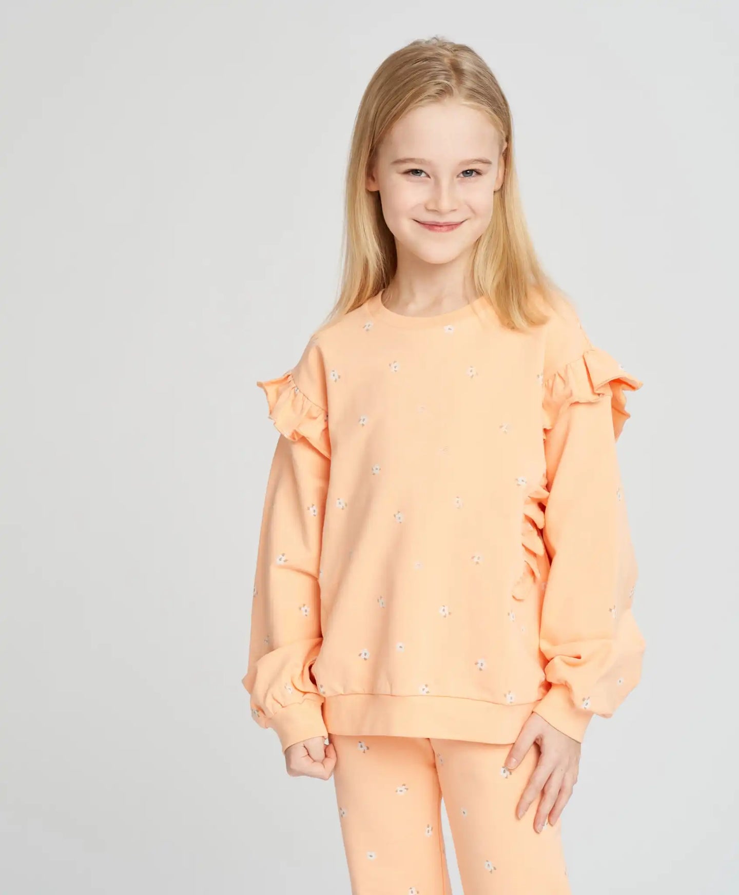 Hanorac pentru fete oversized portocaliu cu volane și imprimeu Button Blue