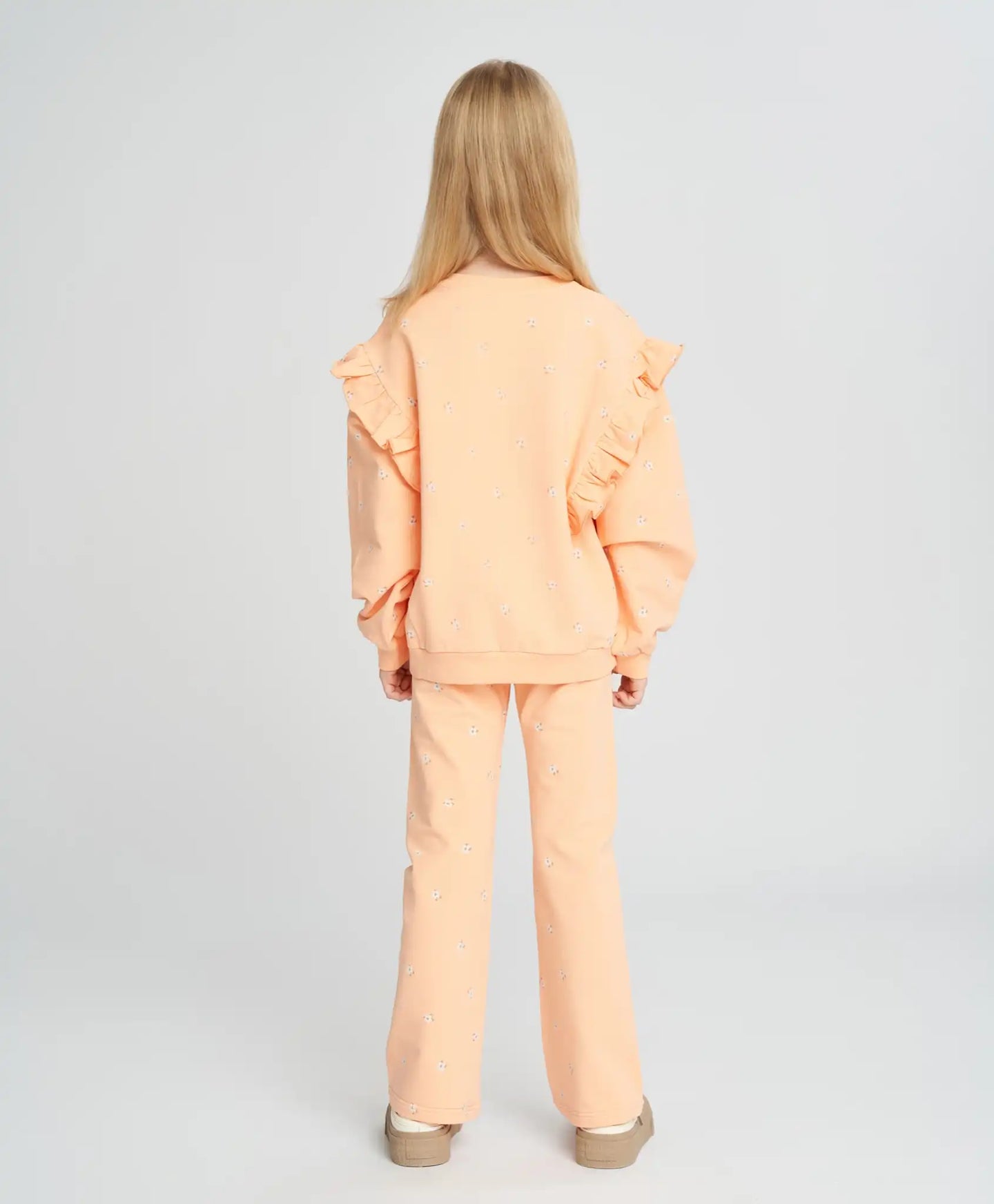 Hanorac pentru fete oversized portocaliu cu volane și imprimeu Button Blue