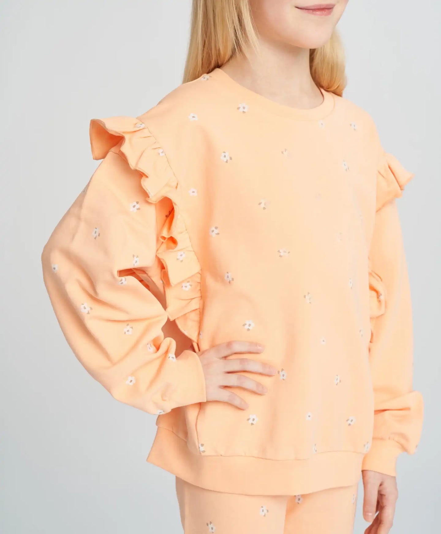 Hanorac pentru fete oversized portocaliu cu volane și imprimeu Button Blue