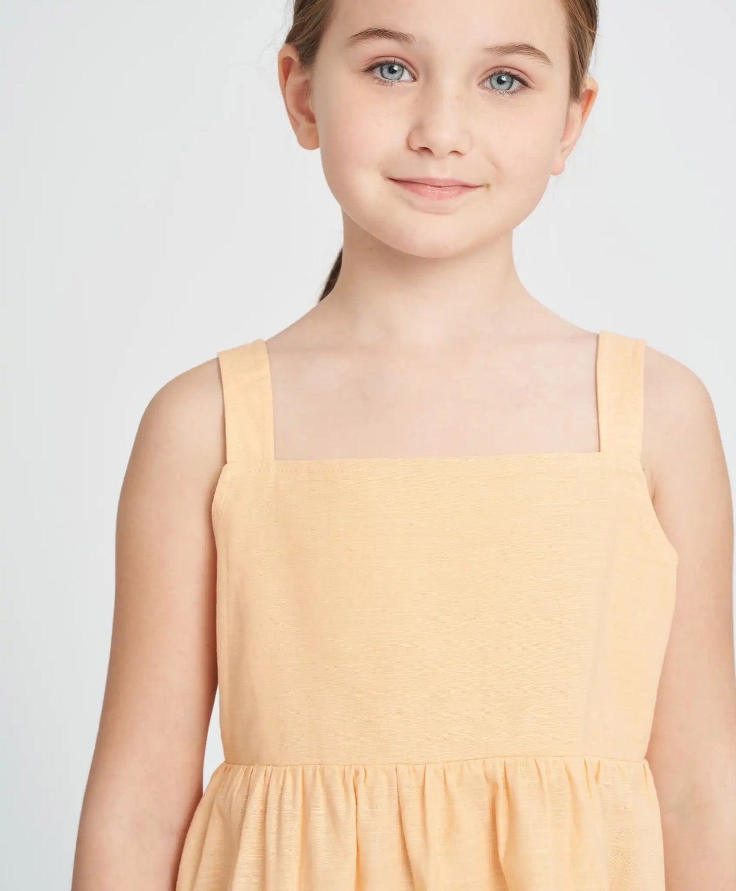 Sărafan din in cu bretele subțiri pentru fete, portocaliu, cu fundiță Button Blue